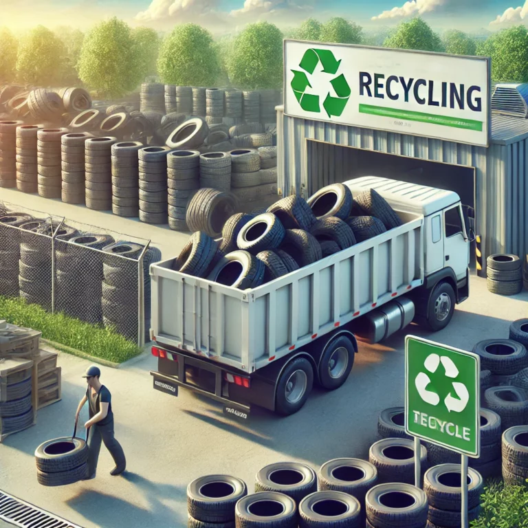 DALL·E 2024 12 02 19.49.46 A realistic illustration depicting the collection of used tires for recycling. The scene shows a worker loading old tires onto a truck in a clean and  768x768