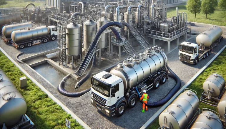 DALL·E 2024 12 02 21.24.56 A highly realistic modern industrial scene featuring a vacuum tanker truck performing separator cleaning. The image shows the truck with a visible ho 768x439