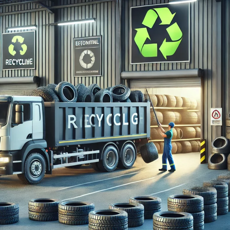 DALL·E 2024 12 02 21.30.24 A realistic illustration showcasing a professional tire recycling service. The scene includes a worker collecting used tires from a storage area load 768x768