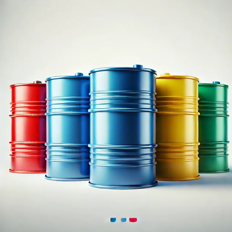 DALL·E 2024 12 02 21.56.50 A clean and realistic illustration of colorful barrels in various bright colors red blue green yellow arranged neatly in a row. The barrels are p 768x768