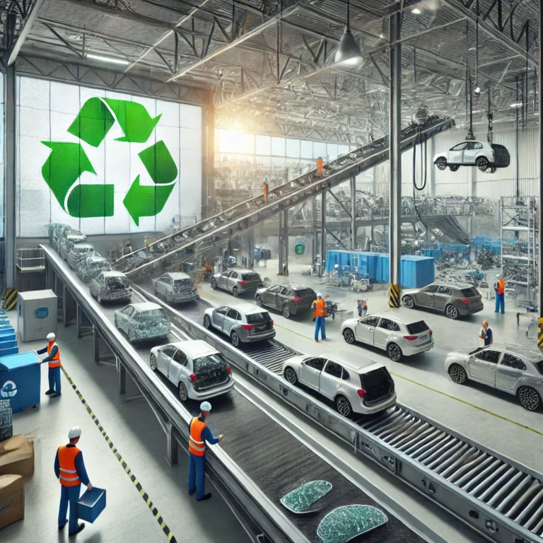 DALL·E 2024 12 02 22.02.44 A highly realistic illustration of a modern waste recycling facility specializing in car windshield recycling. The facility features workers in safety 768x768