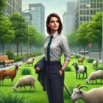 DALL·E 2024-11-06 18.31.24 - Create a highly realistic illustration of Ola, an administrative worker and journalist, standing in a green urban park setting surrounded by goats and