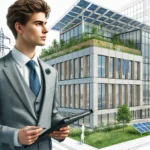 DALL·E 2024-11-06 18.37.35 - Create a highly realistic illustration of Ola, an administrative worker and journalist, standing in front of a modern, eco-friendly building. The buil