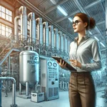 DALL·E 2024-11-06 18.45.55 - Create a highly realistic illustration of Ola, an administrative worker and journalist, standing in an industrial setting with visible heat recovery e