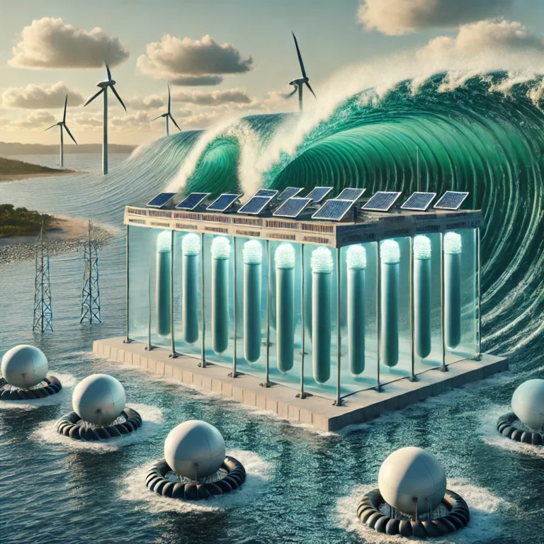 DALL·E 2024-11-07 18.16.21 - A highly realistic illustration in a modern industrial aesthetic showing a wave energy generation facility harnessing the power of ocean waves to prod