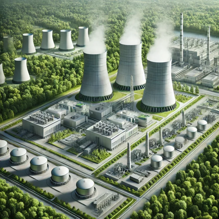 DALL·E 2024-11-07 18.18.28 - A highly realistic illustration in a modern industrial aesthetic showing a nuclear power plant with cooling towers, set against a backdrop of a lush g