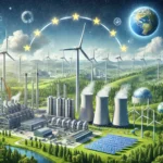 DALL·E 2024-11-07 18.32.30 - A realistic, modern industrial illustration symbolizing the European Green Deal, showcasing renewable energy sources like wind turbines and solar pane