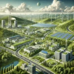 DALL·E 2024-11-07 18.42.44 - A highly realistic illustration in a modern industrial aesthetic representing sustainable development. The scene showcases renewable energy sources su