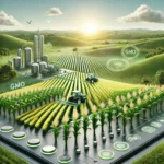 DALL·E 2024-11-07 18.48.34 - A highly realistic illustration in a modern industrial aesthetic showing a GMO (Genetically Modified Organism) agricultural field with healthy crops,