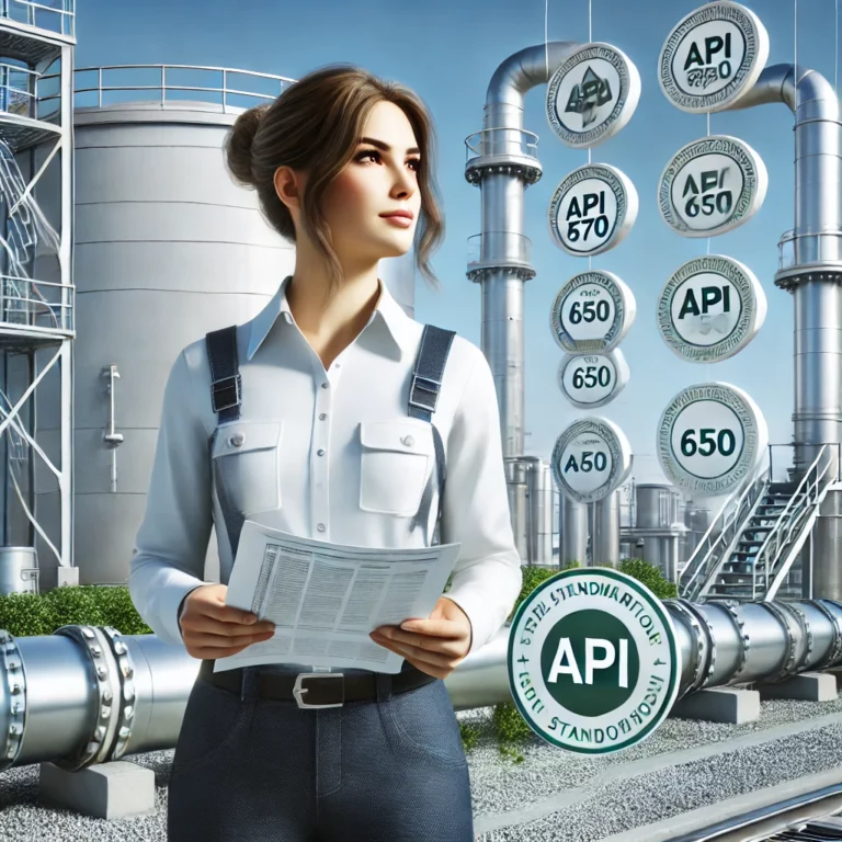 DALL·E 2024-11-09 05.54.25 - A highly realistic, eco-friendly illustration featuring Ola demonstrating API standards in an industrial setting. Ola, in her professional work attire