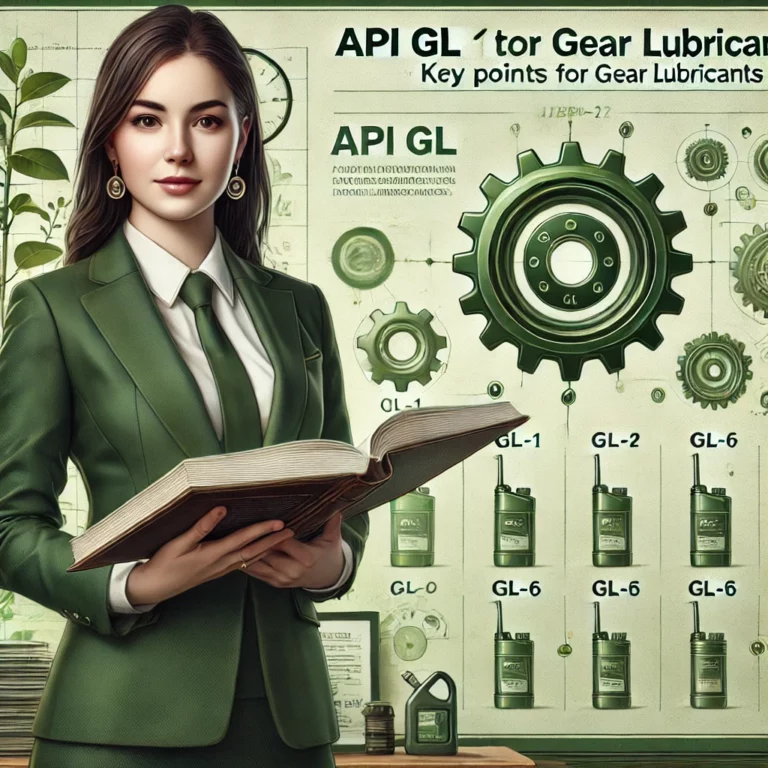 DALL·E 2024-11-09 07.06.50 - A highly realistic, eco-friendly illustration featuring Ola, an administrative professional, explaining API GL (Gear Lubricants) standards in an offic