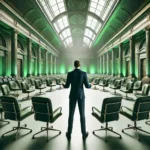 DALL·E 2024-11-09 07.37.36 - A highly realistic illustration of a man in a formal suit standing in a grand, empty hall with chairs arranged in a semicircle in front of him, now wi