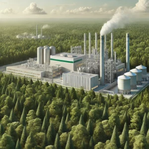 DALL·E 2024-11-09 07.52.43 - A highly realistic illustration of a large, modern industrial factory situated in a lush green forest. The factory is designed with eco-friendly eleme