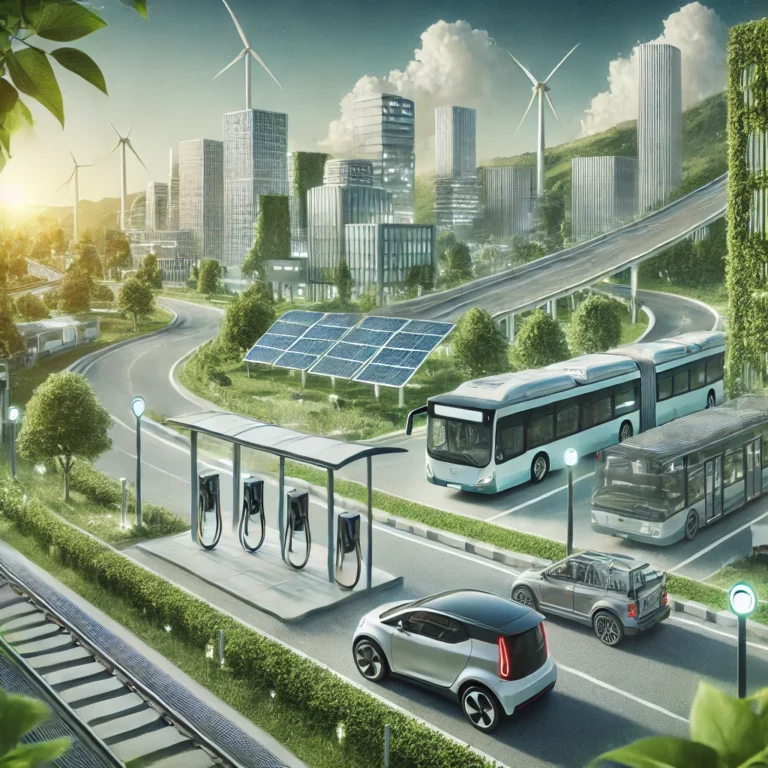 DALL·E 2024-11-09 08.01.47 - A highly realistic, eco-friendly illustration depicting a modern, sustainable approach to transportation. The image includes elements such as electric