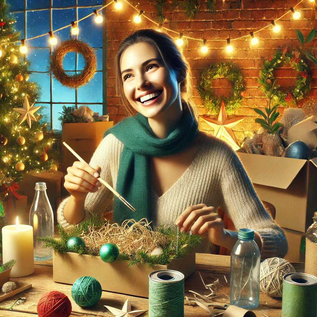 DALL·E 2024-11-09 08.33.34 - A highly realistic, eco-friendly illustration featuring Ola, an administrative professional, joyfully crafting eco-friendly Christmas decorations from