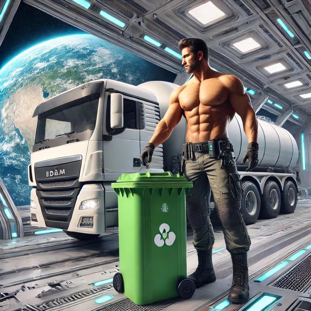 DALL·E 2024-11-09 09.20.15 - A highly realistic illustration featuring Adam, a muscular tanker truck driver, on a space station. Instead of a tanker truck, Adam is interacting wit