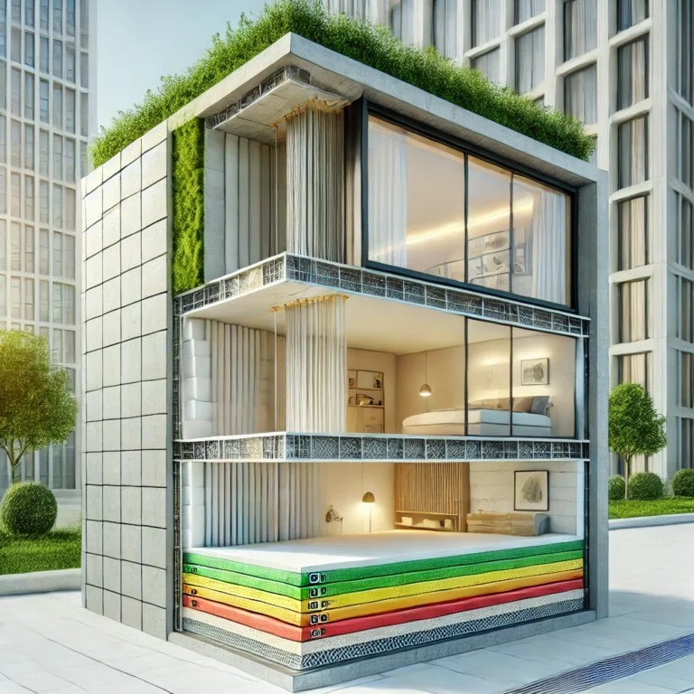 DALL·E 2024-11-14 08.48.21 - A highly realistic illustration of a modern building wall with a large window, showcasing thermal insulation layers. The building's cross-section reve