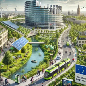 DALL·E 2024-11-14 10.08.24 - A highly realistic illustration of an eco-friendly urban environment in the European Union with the European Parliament building in the background. Th