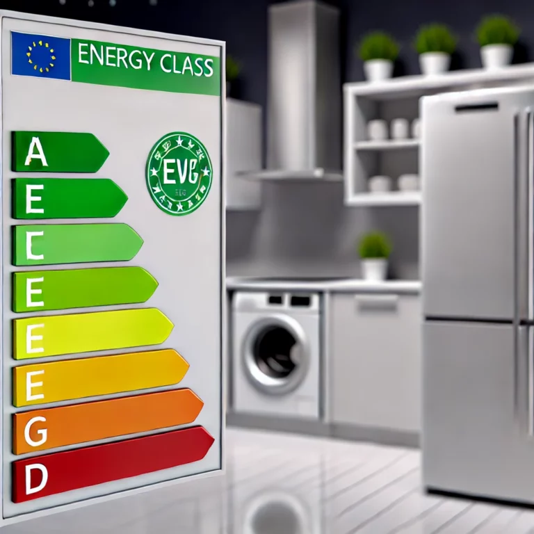 DALL·E 2024-11-14 10.25.38 - A highly realistic illustration representing the EU Energy Class System, with a modern appliance (such as a refrigerator or washing machine) prominent