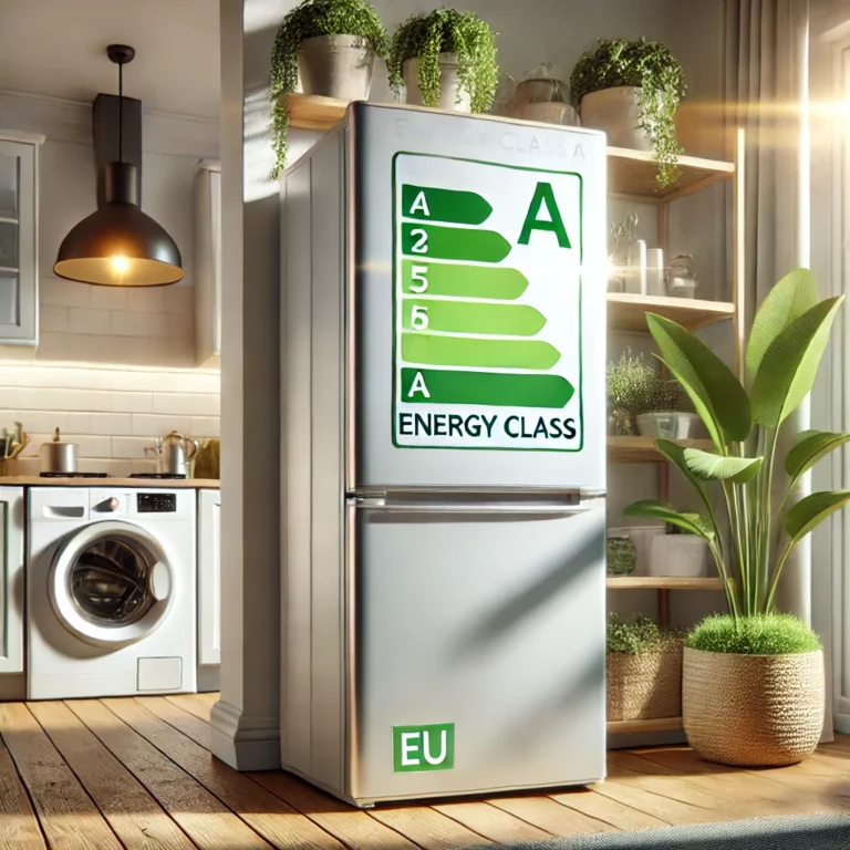 DALL·E 2024-11-14 10.27.13 - A highly realistic illustration highlighting an appliance with an Energy Class A rating in the EU Energy Class System. The appliance, such as a modern