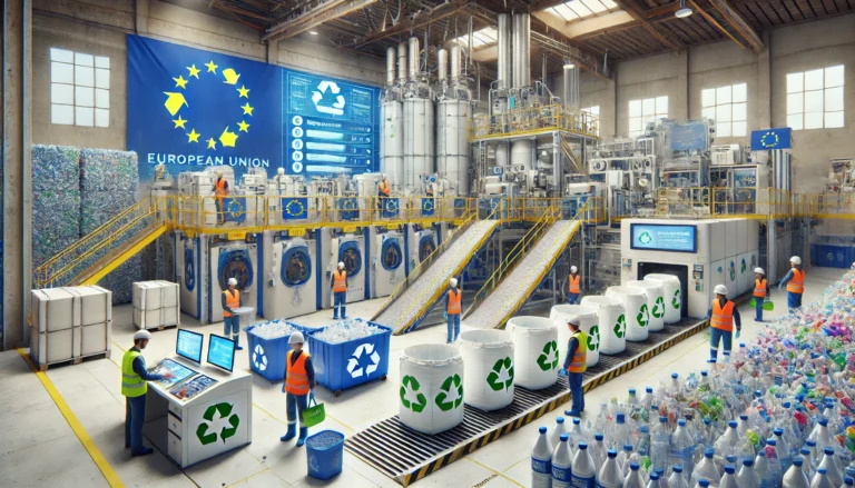 DALL·E 2024-11-14 17.10.25 - A highly realistic illustration depicting the European Union's circular economy strategy for plastics in an eco-friendly industrial setting. The scene