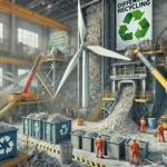 DALL·E 2024-11-14 17.14.39 - A highly realistic illustration showing the challenges in recycling wind turbine blades. The scene features an industrial setup with large wind turbin