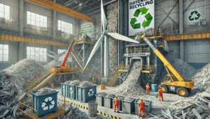 DALL·E 2024-11-14 17.14.39 - A highly realistic illustration showing the challenges in recycling wind turbine blades. The scene features an industrial setup with large wind turbin