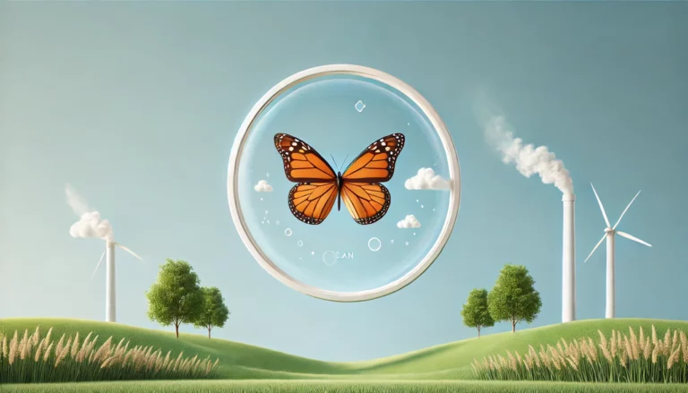 DALL·E 2024-11-14 17.19.48 - A realistic scene celebrating clean air with a butterfly flying in a simple, peaceful setting. The background features clear blue skies and minimal gr