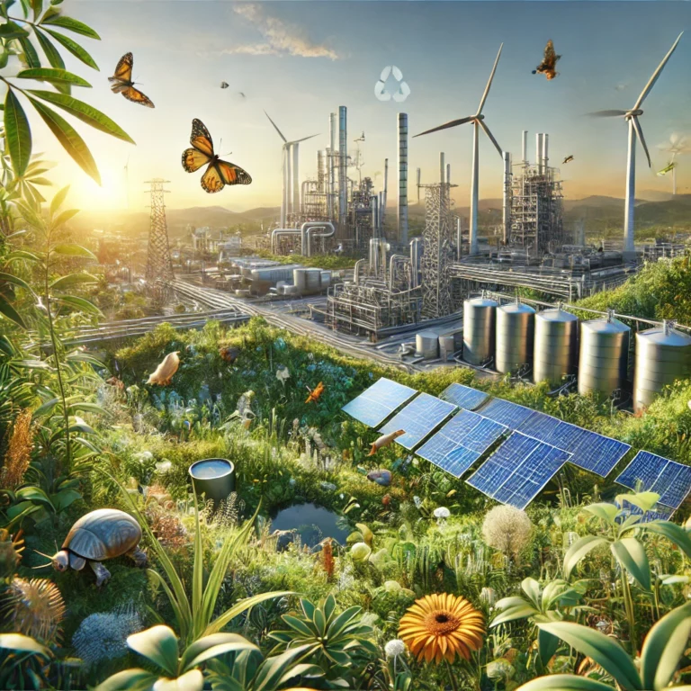 DALL·E 2024-11-14 19.31.04 - A highly realistic, modern industrial illustration of biodiversity in an eco-friendly setting, with focus on a natural environment being integrated in