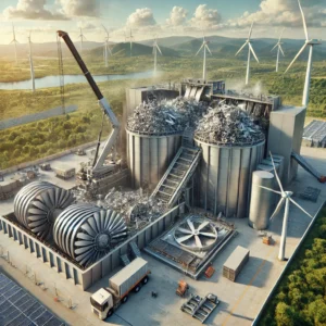 DALL·E 2024-11-14 19.58.34 - A highly realistic illustration depicting the process of recycling wind turbines. The scene should show a modern recycling facility with advanced tech