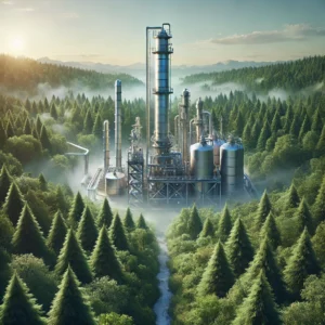 DALL·E 2024-11-14 20.05.02 - A highly realistic illustration of a single distillation column used in the regeneration of waste oils, set in the middle of a forest. The distillatio