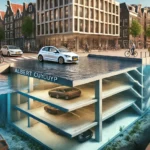 DALL·E 2024-11-15 14.51.54 - A realistic and modern illustration of the Albert Cuyp underwater parking garage in Amsterdam. The image shows the entrance to the parking garage besi