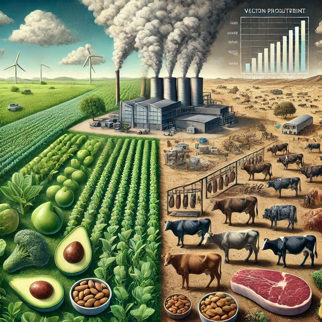 DALL·E 2024-11-15 20.19.36 - A realistic illustration comparing the environmental impact of vegan and non-vegan diets. The image is divided into two sides_ on one side, a depictio