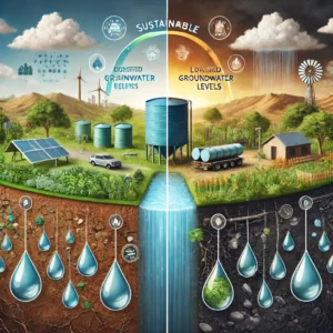 ilustracja przedstawiająca wpływ recyrkulacji wody deszczowej na środowisko. Po jednej stronie ukazano zrównoważony system zbierania wody deszczowej z wizualizacją zbiorników, nawadniania i zmniejszonej zależności od miejskich źródeł wody. Po drugiej stronie pokazano negatywne skutki nadmiernego zbierania wody deszczowej, takie jak wysychające strumienie, obniżenie poziomu wód gruntowych i stres dla lokalnych ekosystemów. Grafika podkreśla potrzebę równowagi w zbieraniu wody deszczowej, aby czerpać korzyści bez zaburzania lokalnych cykli wodnych.