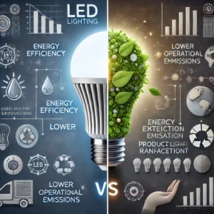 ilustracja ukazująca porównanie wpływu na środowisko oświetlenia LED i tradycyjnych żarówek. Po jednej stronie przedstawiono żarówkę LED symbolizującą energooszczędność i niskie emisje operacyjne, ale także wyzwania związane z produkcją, takie jak użycie metali ziem rzadkich i intensywne zużycie energii. Po drugiej stronie ukazano tradycyjną żarówkę z wysokim zużyciem energii i częstą wymianą. Grafika podkreśla znaczenie długiego użytkowania LED-ów dla maksymalizacji korzyści ekologicznych.