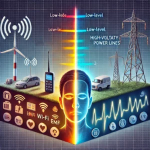 ilustracja ukazująca wpływ pól elektromagnetycznych (EMF) z różnych źródeł na zdrowie. Po jednej stronie przedstawiono codzienne źródła, takie jak telefony komórkowe i routery Wi-Fi, generujące niskopoziomowe pola elektromagnetyczne, które według badań mają minimalne ryzyko dla zdrowia. Po drugiej stronie zobrazowano linie wysokiego napięcia z wyższymi poziomami EMF i potencjalnymi zagrożeniami zdrowotnymi. Grafika podkreśla różnicę między niską a wysoką ekspozycją oraz znaczenie norm bezpieczeństwa.