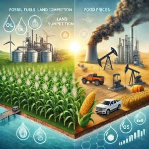 ilustracja porównująca wpływ na środowisko paliw kopalnych i bioetanolu. Po jednej stronie przedstawiono produkcję bioetanolu z pól kukurydzy i trzciny cukrowej, uwzględniając zużycie ziemi, wody i ryzyko wylesiania. Po drugiej stronie zobrazowano wydobycie paliw kopalnych oraz emisje z pojazdów. Grafika podkreśla wyzwania związane z zastąpieniem paliw kopalnych bioetanolem, w tym konkurencję o ziemię i wpływ na ceny żywności.