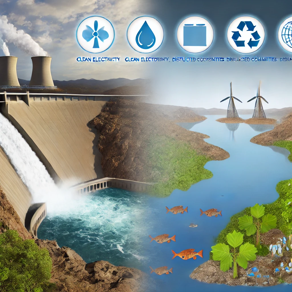 ilustracja przedstawiająca wpływ elektrowni wodnych na środowisko. Po jednej stronie widzimy zaporę wodną produkującą odnawialną energię, symbolizującą czystość i przepływ wody. Po drugiej stronie ukazano konsekwencje ekologiczne, takie jak zakłócenie ekosystemów rzecznych, przesiedlenia ludności oraz emisje metanu z zalanych terenów. Grafika uwypukla kompromisy związane z wykorzystaniem elektrowni wodnych jako źródła energii odnawialnej.