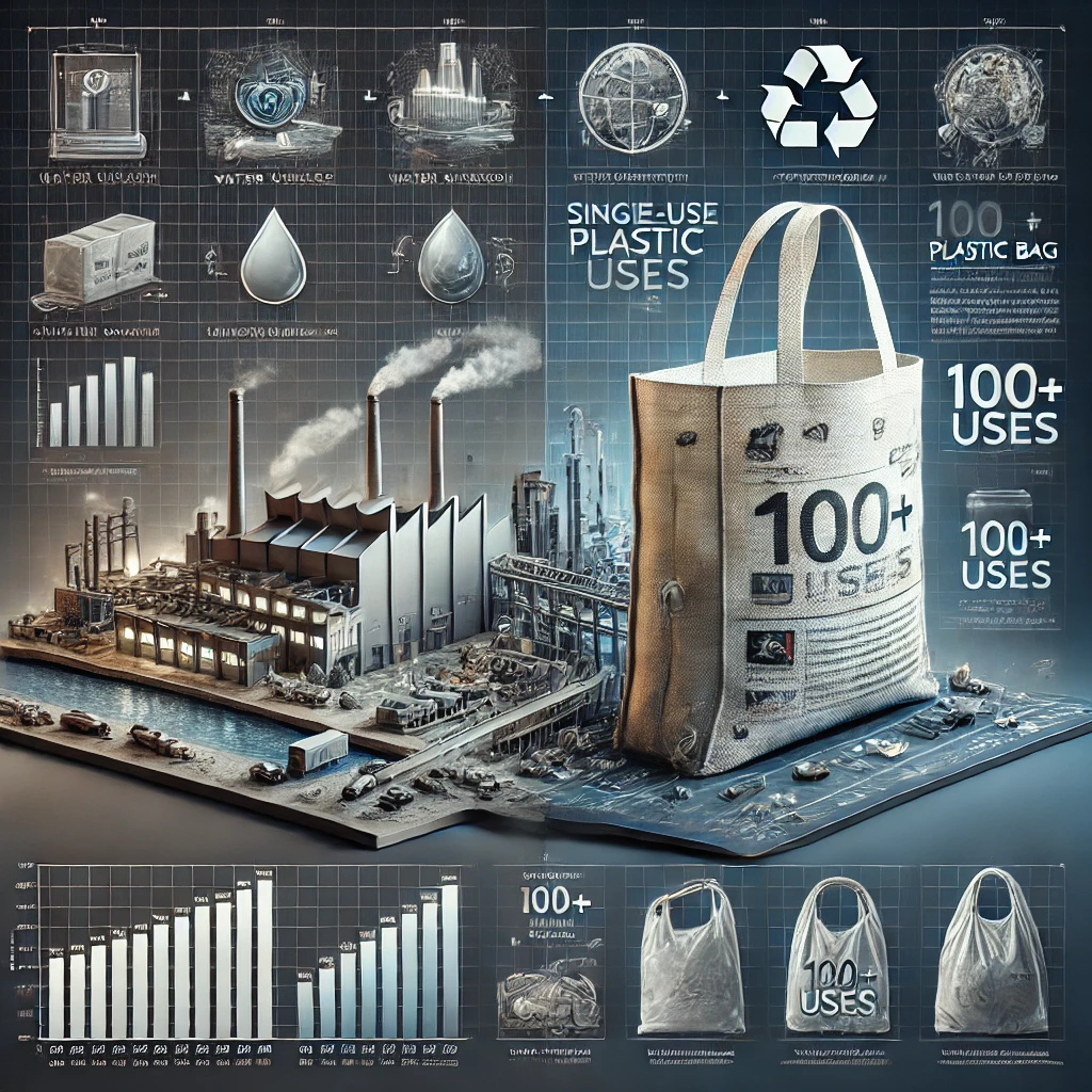 Ilustracja przedstawia porównanie wpływu na środowisko toreb bawełnianych i plastikowych, uwzględniając wysokie zużycie wody i energii przy produkcji bawełny oraz konieczność wielokrotnego użycia bawełnianych toreb, aby stały się bardziej ekologiczne.