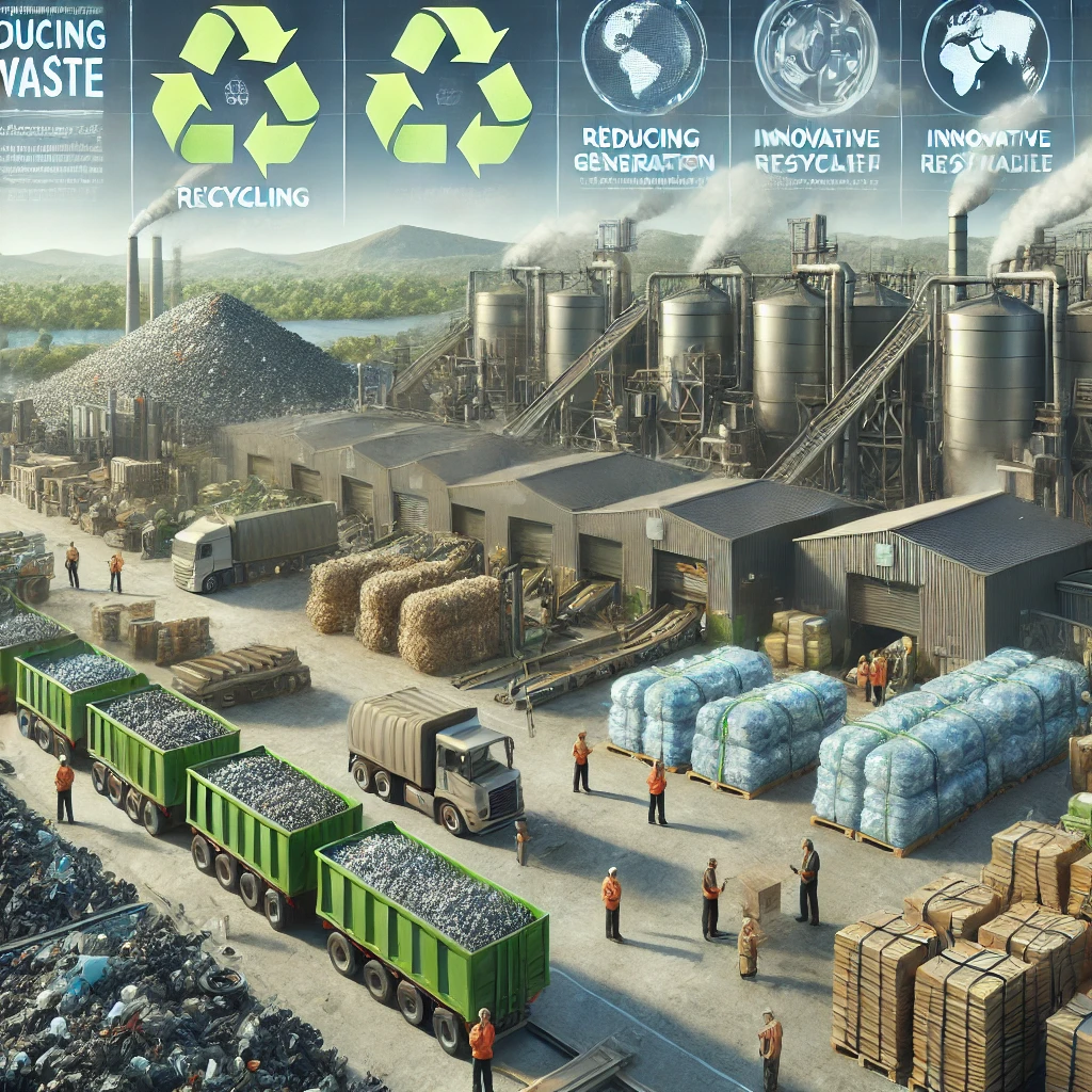 Ilustracja przedstawia wyzwania i ograniczenia recyklingu jako rozwiązania problemu odpadów, podkreślając konieczność minimalizacji ich ilości jako kluczowego elementu zrównoważonego rozwoju.