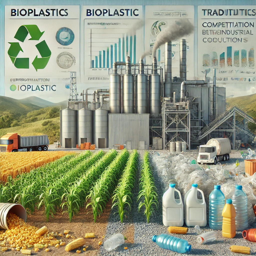 Ilustracja przedstawia bioplastik jako alternatywę dla tradycyjnych plastików, uwzględniając wyzwania związane z jego produkcją, konkurencją z uprawami żywnościowymi oraz koniecznością specjalnych warunków do rozkładu.