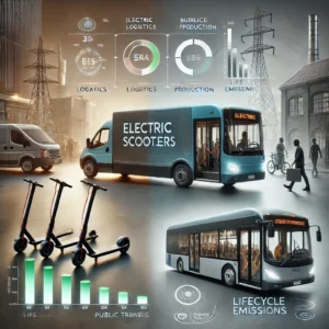 Ilustracja przedstawia porównanie wpływu na środowisko elektrycznych hulajnóg i transportu publicznego, uwzględniając emisje związane z logistyką ładowania hulajnóg oraz efektywność energetyczną transportu zbiorowego.