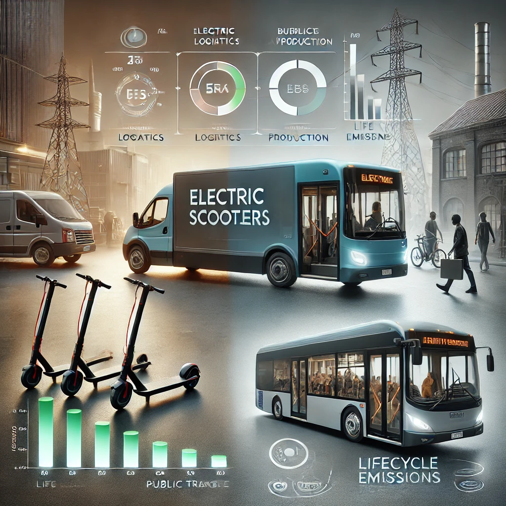 Ilustracja przedstawia porównanie wpływu na środowisko elektrycznych hulajnóg i transportu publicznego, uwzględniając emisje związane z logistyką ładowania hulajnóg oraz efektywność energetyczną transportu zbiorowego.