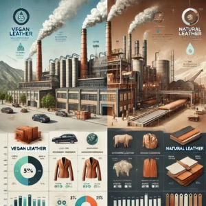 Ilustracja przedstawia porównanie wpływu na środowisko skóry wegańskiej i naturalnej, uwzględniając energochłonność produkcji materiałów syntetycznych oraz potencjalne korzyści z wykorzystania skóry jako produktu ubocznego przemysłu mięsnego przy zrównoważonym przetwarzaniu.