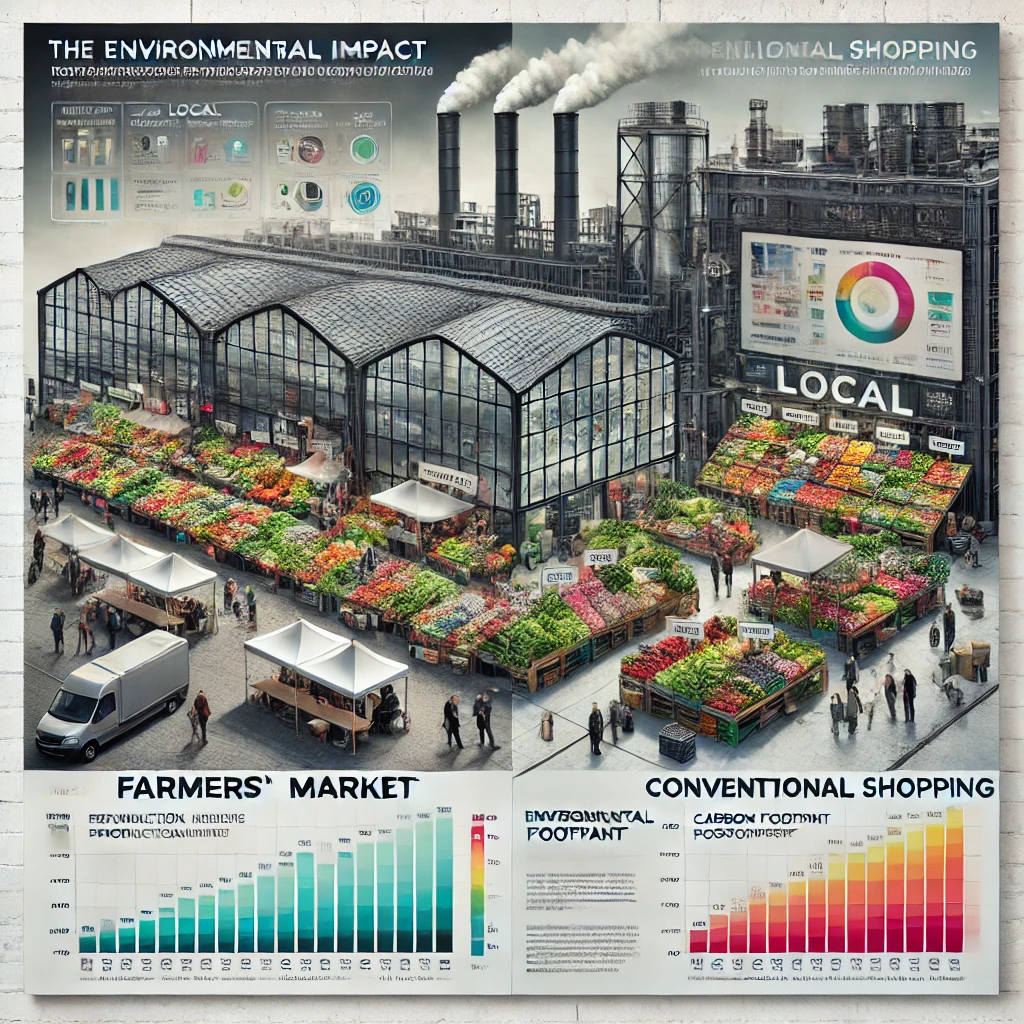 Ilustracja przedstawia targi rolne oraz supermarket, uwzględniając etykiety wskazujące na lokalne i importowane produkty, podkreślając, że ekologiczność zależy głównie od metod produkcji, a nie miejsca sprzedaży.