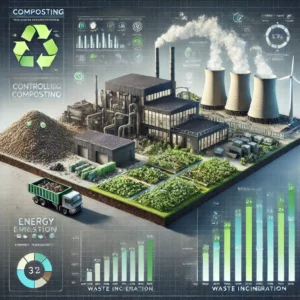 Ilustracja przedstawia porównanie kompostowania i spalania odpadów, uwzględniając emisje metanu z kompostowania oraz produkcję energii w spalarniach, podkreślając korzyści i ograniczenia obu metod.