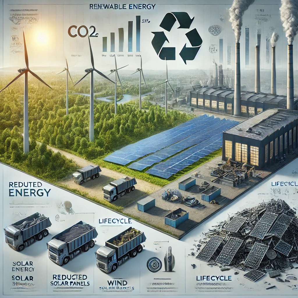 Ilustracja przedstawia korzyści i wyzwania związane z odnawialnymi źródłami energii, ukazując ich niskie emisje CO2 podczas eksploatacji oraz problemy związane z produkcją i utylizacją instalacji, takich jak panele słoneczne i turbiny wiatrowe.