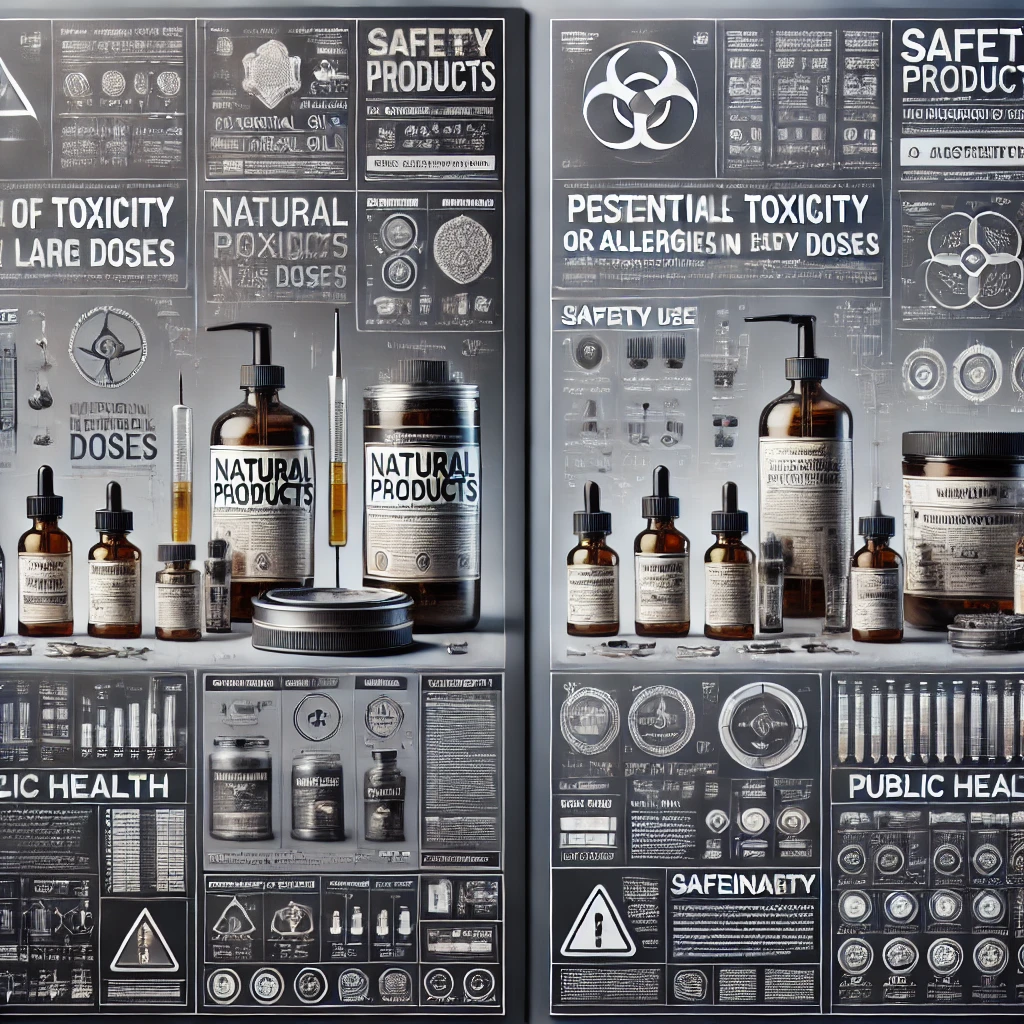 Ilustracja przedstawia porównanie bezpieczeństwa naturalnych i syntetycznych produktów, uwzględniając ryzyko toksyczności lub alergii w przypadku substancji naturalnych oraz jasne oznaczenia składników i instrukcji bezpieczeństwa dla produktów syntetycznych.