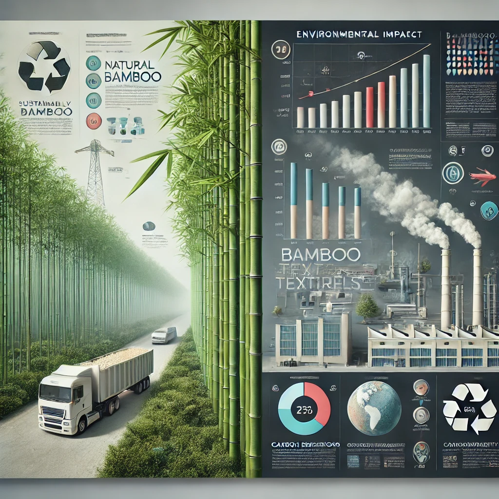 Ilustracja przedstawia porównanie wpływu na środowisko naturalnych i przetworzonych produktów z bambusa, ukazując ich zalety, takie jak szybki wzrost, oraz wady związane z intensywnym przetwarzaniem chemicznym i transportem na duże odległości.