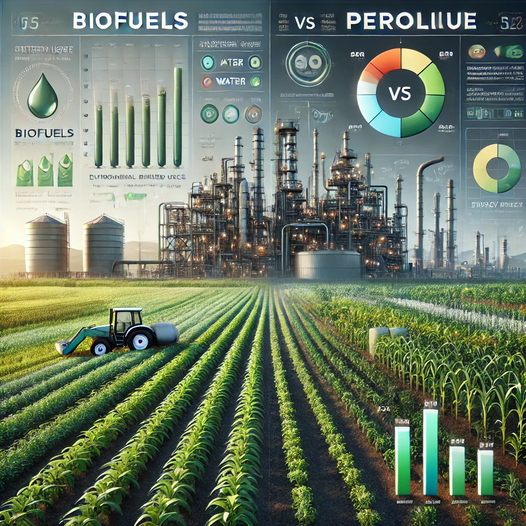 Ilustracja przedstawia porównanie produktów ropopochodnych i biopaliw, uwzględniając zasoby potrzebne do produkcji biopaliw, takie jak ziemia i woda, oraz efektywność energetyczną ropy naftowej, podkreślając ograniczenia i korzyści obu rozwiązań.